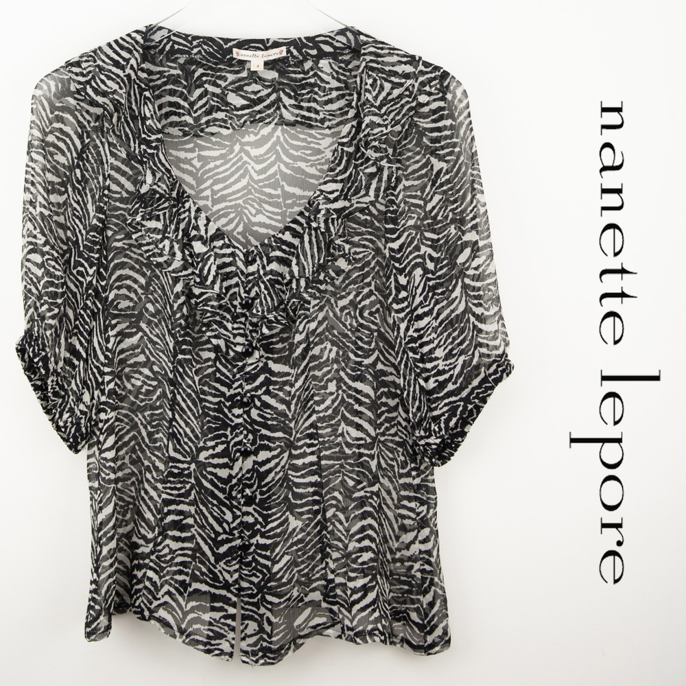 Nanette Lepore Sheer Zebra Print Blouse 4 Black